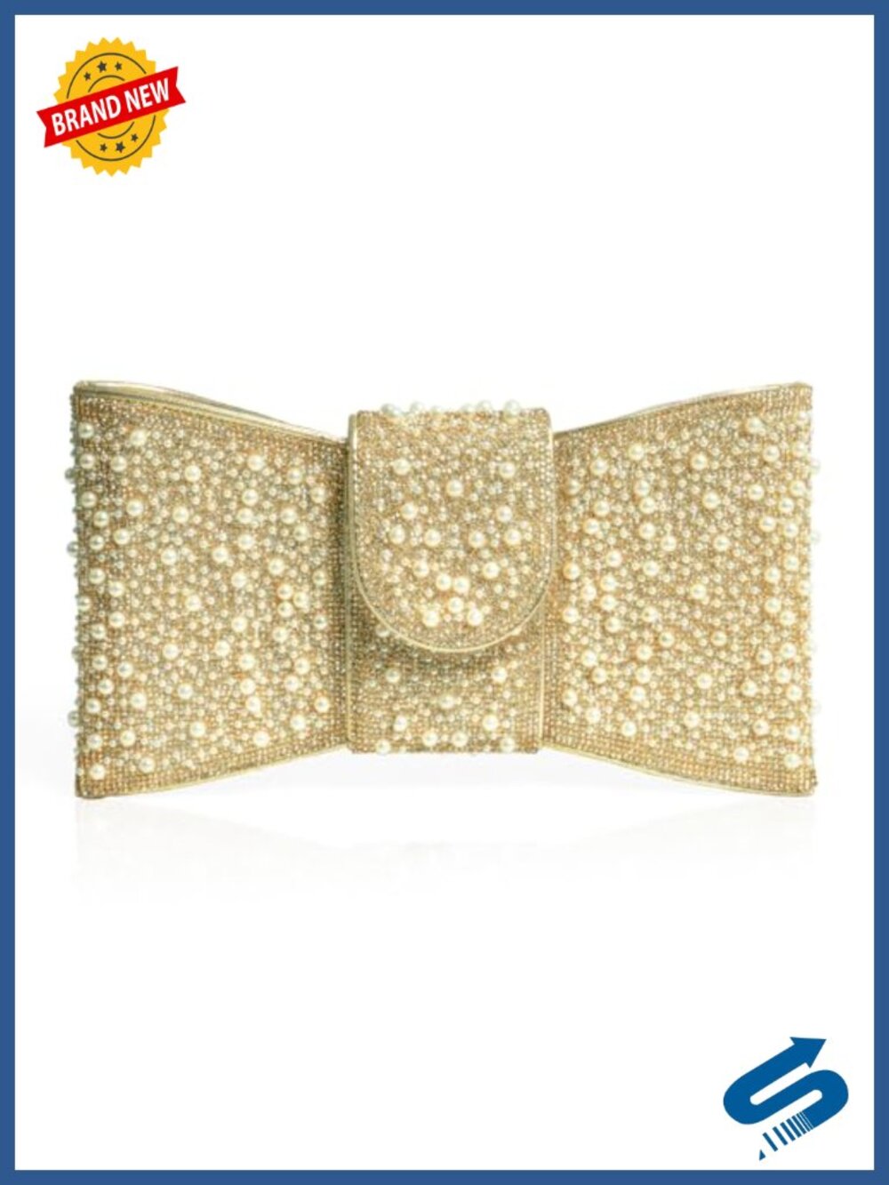 Pearl Rhinestone Bow Clutch Vegan Leather Evening Bag with Chain Strap